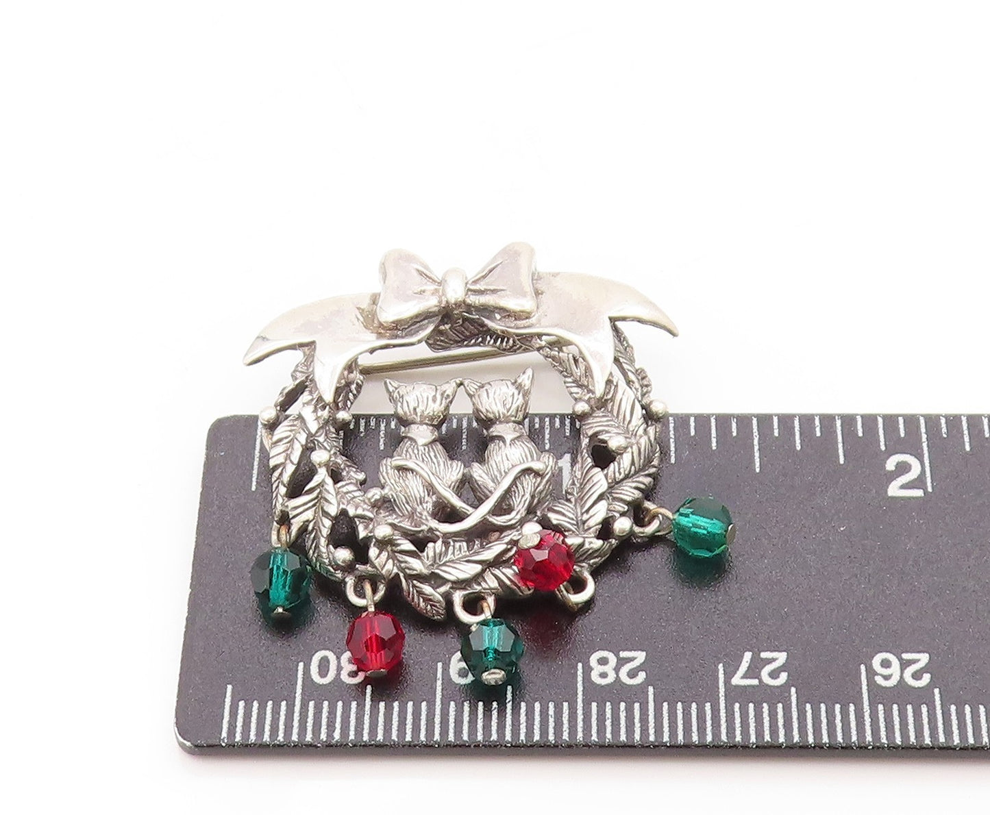 925 Sterling Silver Vintage Brooch Holiday Cat Couple Floral Design Pin  BP11875