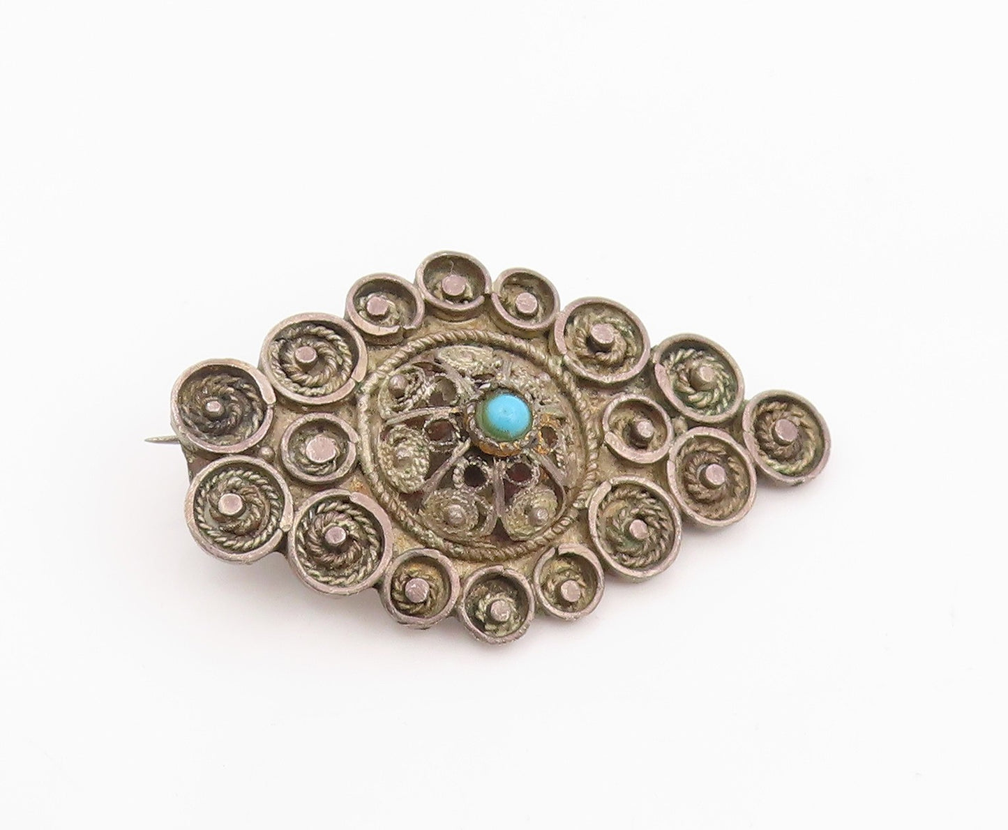 925 Sterling Silver Vintage Brooch Pin ISRAEL Turquoise Intricate Design BP12348