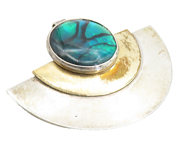 925 Sterling Silver & GOLD  Vintage Abalone Shell Two Tone Pendant  PT6469