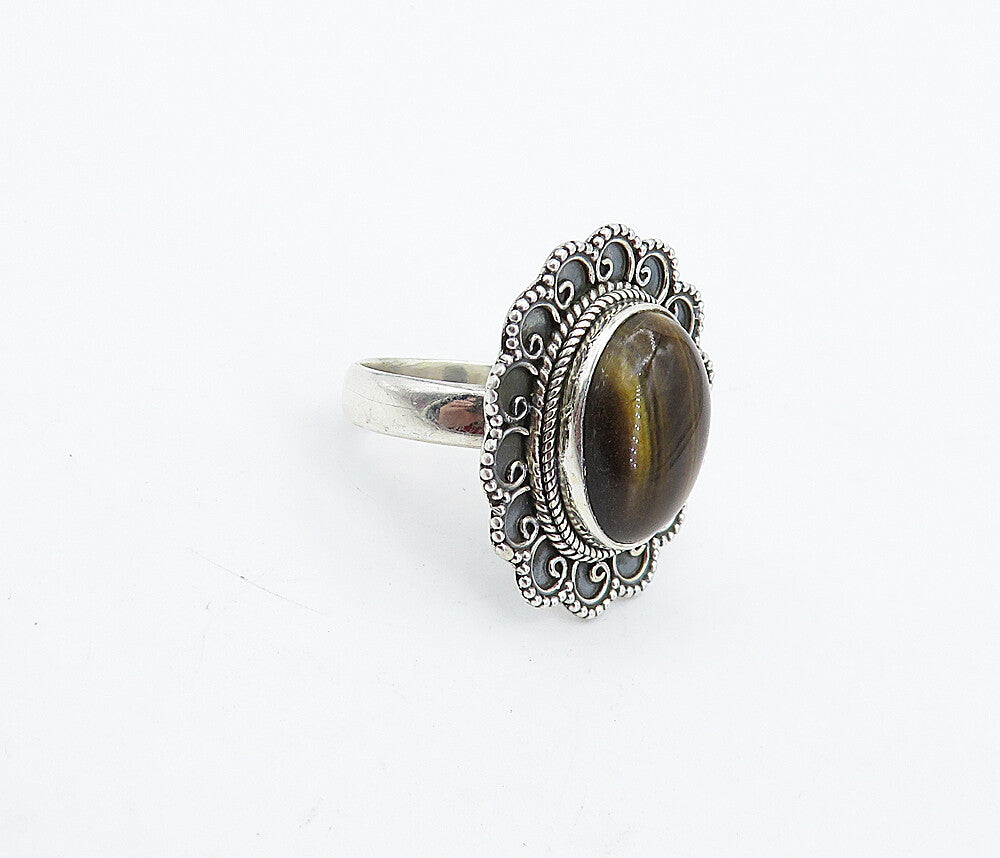 925 Sterling Silver  Vintage Tiger's Eye Swirl Wheat Cocktail Ring Sz 8 RG4486