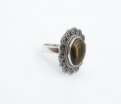 925 Sterling Silver  Vintage Tiger's Eye Swirl Wheat Cocktail Ring Sz 8 RG4486