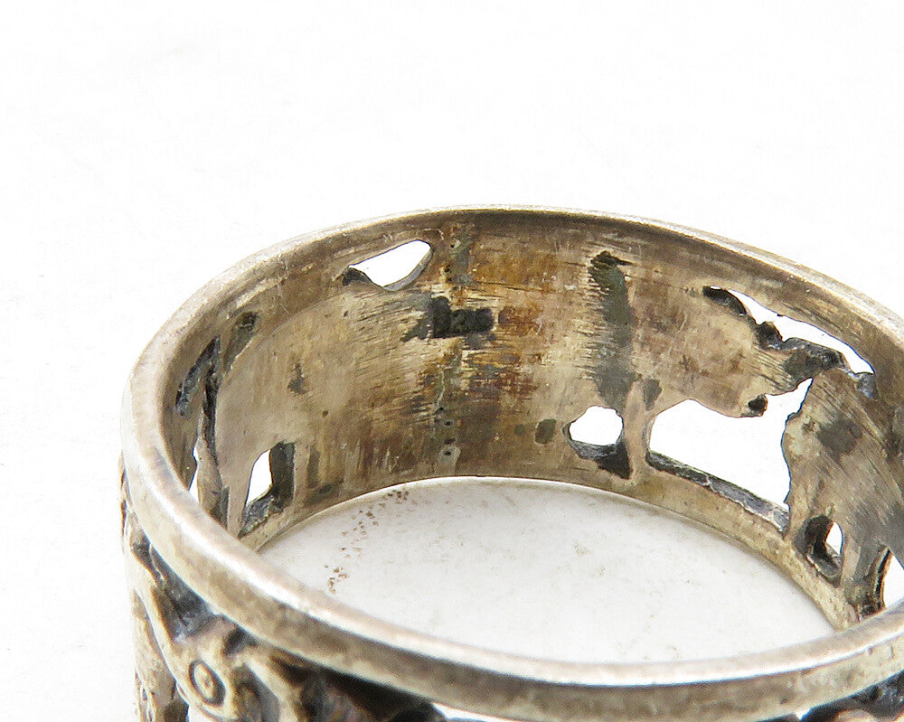 925 Sterling Silver  Vintage Dark Tone Elephants Open Band Ring Sz 6  RG12646