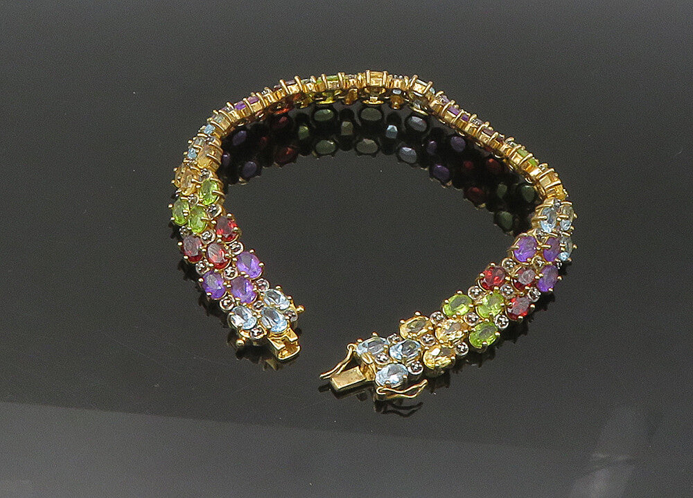 925 Sterling Silver Vintage Amethyst Citrine & Multi Stone Chain Bracelet BT8734