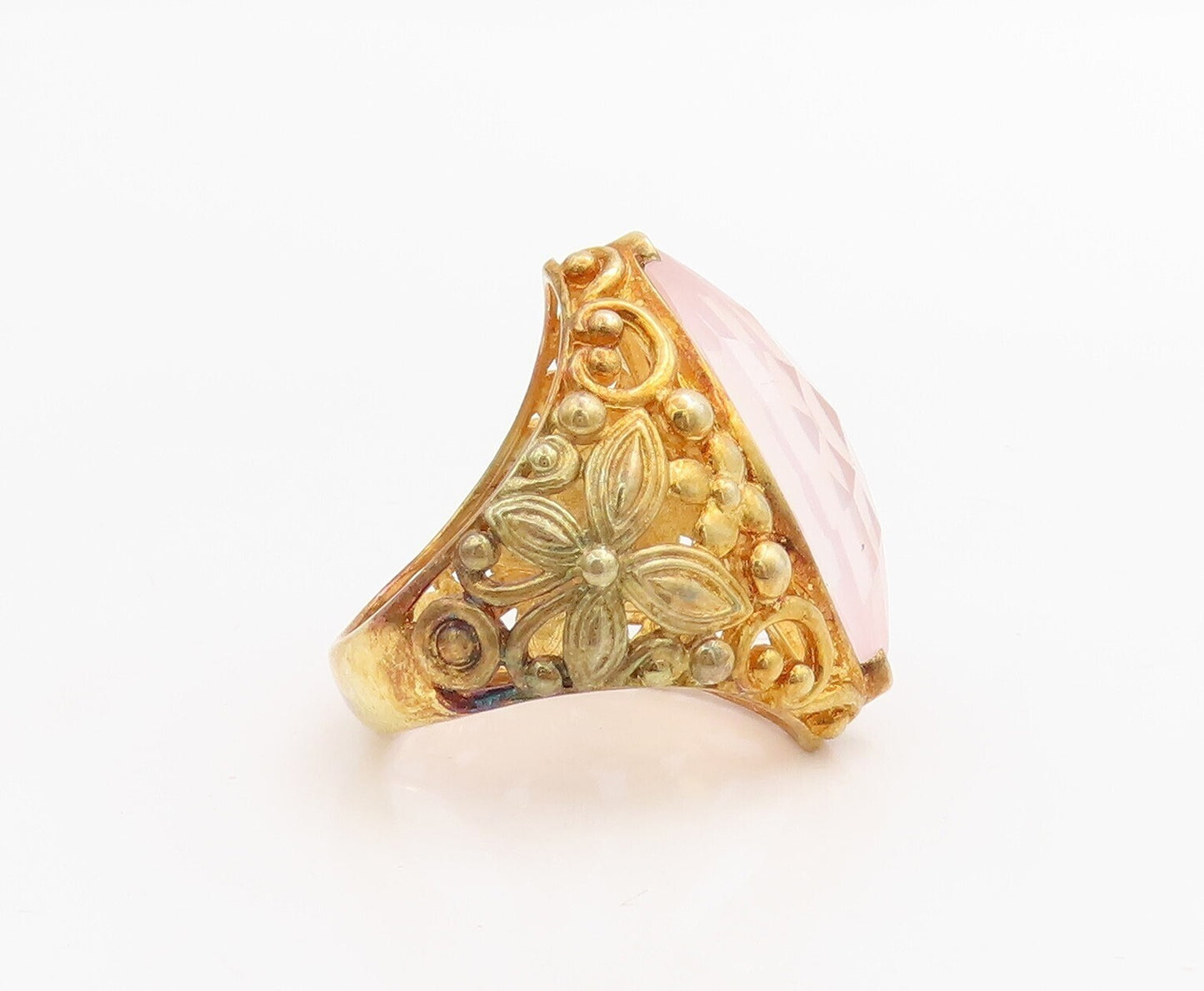 925 Sterling Silver Vintage Ring Gold Plated Floral Carved Gemstone Sz 7 RG30722