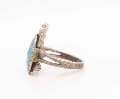 925 Sterling Silver Vintage Ring Gemstone Inlay Turtle Moves  Sz 6.5  RG33179