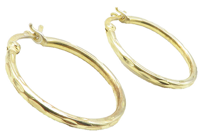 925 Sterling Silver  Shiny Gold Plated Etched Round Hoop Earrings  EG7316