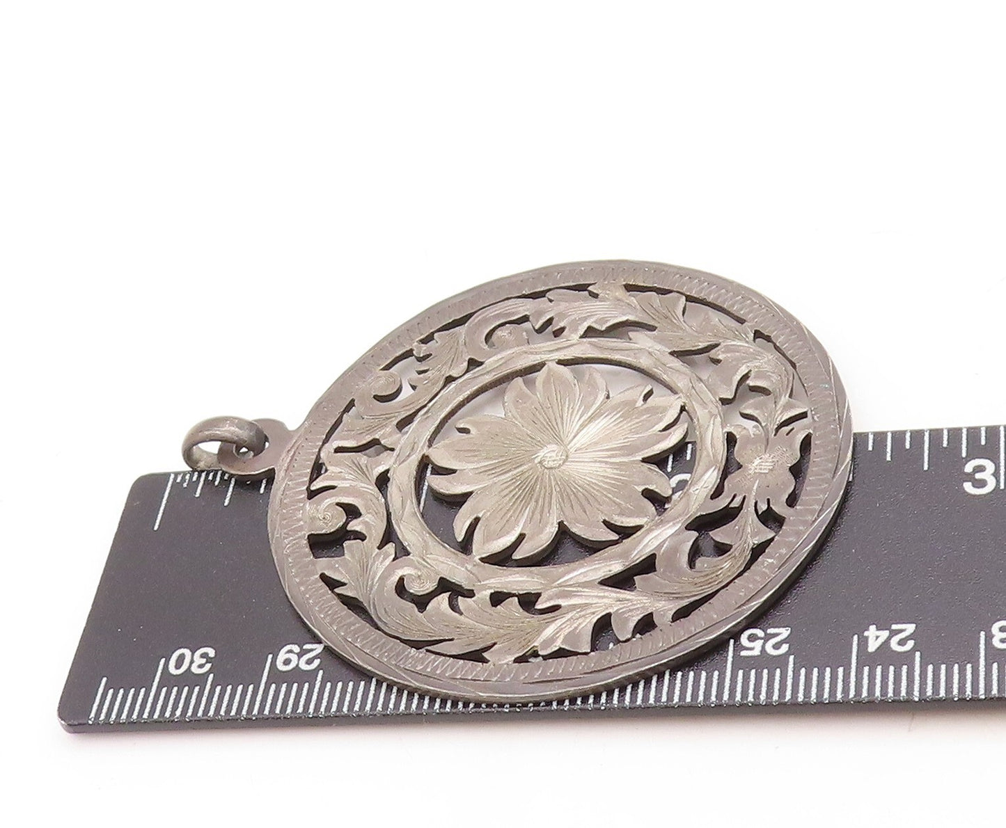 925 Sterling Silver Vintage Pendant MEXICO Dark Tone Floral Cutout  PT23840