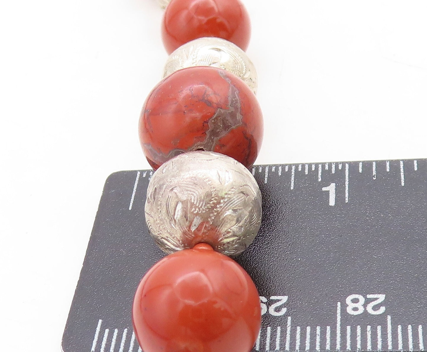 MERAV MEXICO 925 Silver  Vintage Jasper Beaded Pattern Chain Necklace  NE1503