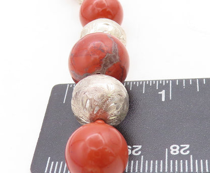 MERAV MEXICO 925 Silver  Vintage Jasper Beaded Pattern Chain Necklace  NE1503