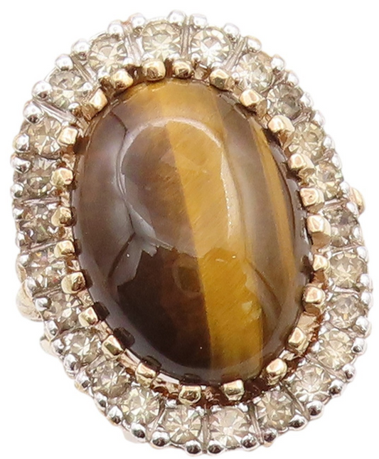 925 Sterling Silver Vintage Ring Gold Plated PANETTA Tiger's Eye CZ Sz 7 RG32713