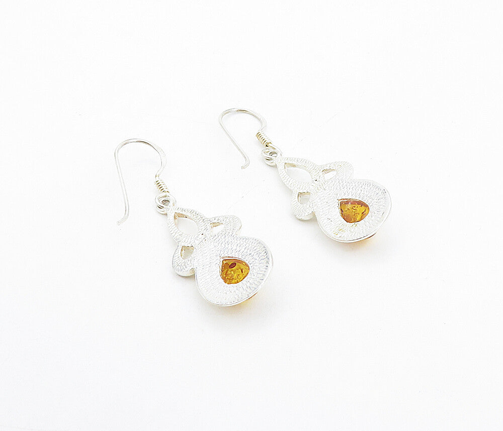 925 Sterling Silver  Cabochon Cut Amber Pretzel Knot Dangle Earrings  EG3667