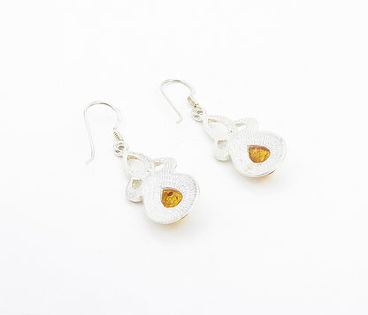 925 Sterling Silver  Cabochon Cut Amber Pretzel Knot Dangle Earrings  EG3667