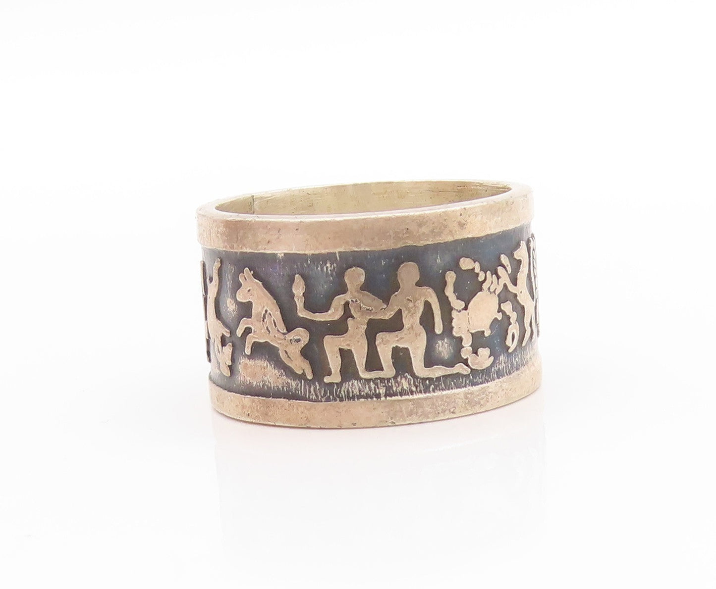 925 Sterling Silver Vintage Ring MEXICO Trible Life Carved  Sz 8.5 RG32721