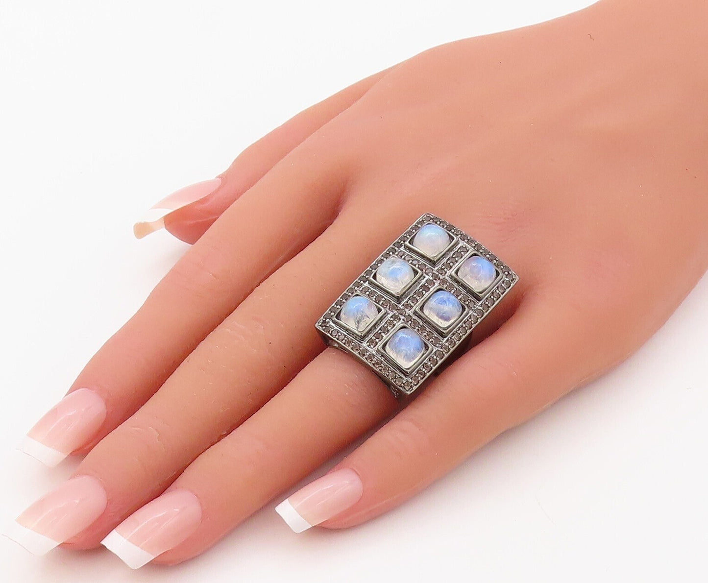 925 Sterling Silver Vintage Ring Rectangular Smoky Quartz Moonstone Sz 7 RG30800