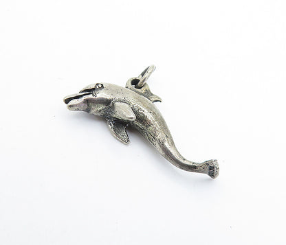 925 Sterling Silver  Vintage Petite Dark Tone Leaping Dolphin Pendant  PT4969
