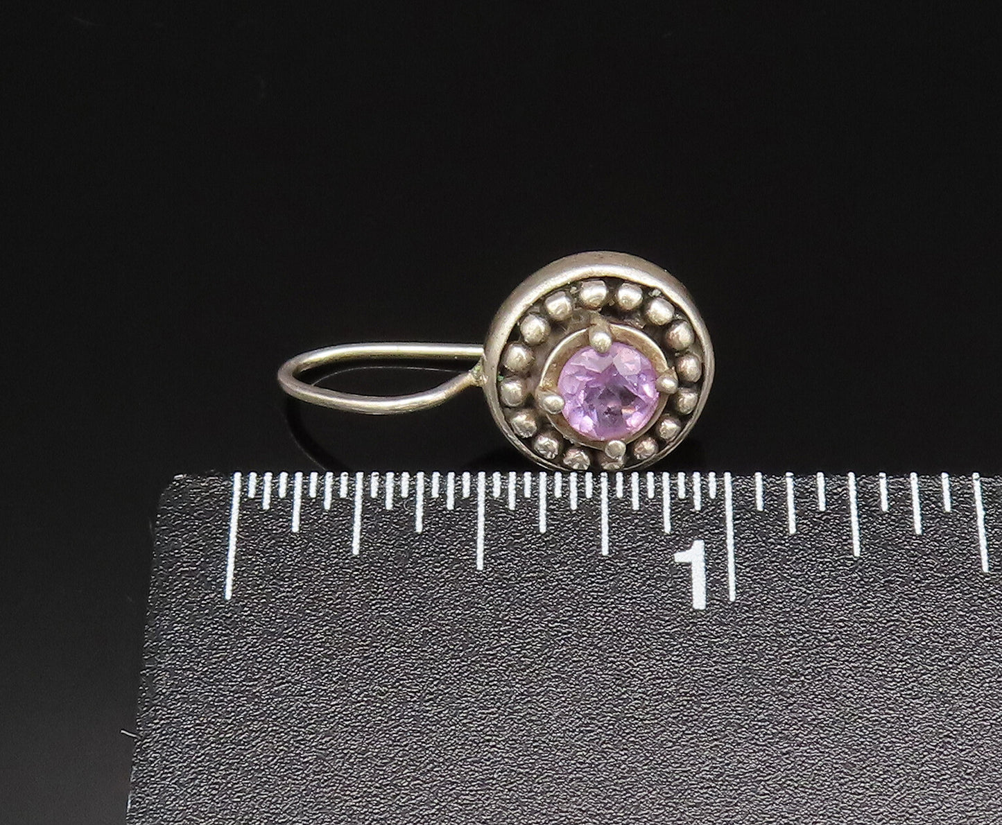 925 Sterling Silver  Vintage Dotted Edge Amethyst Drop Earrings  EG11876