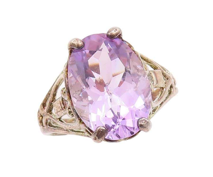 925 Sterling Silver Vintage Ring Heart Cutout Oval Amethyst  Sz 6.5  RG29673