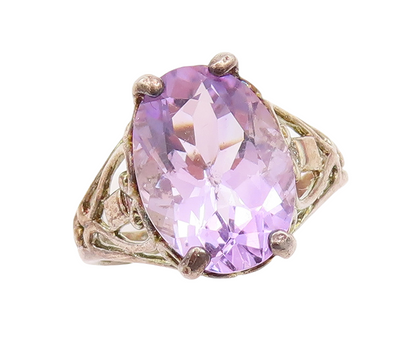 925 Sterling Silver Vintage Ring Heart Cutout Oval Amethyst  Sz 6.5  RG29673