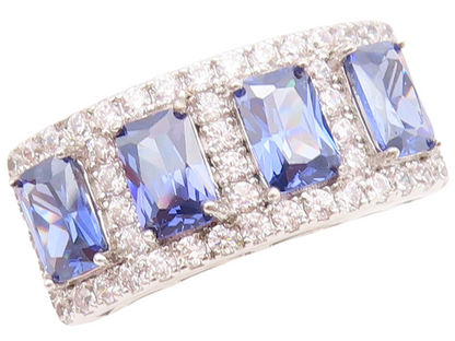 925 Sterling Silver Vintage Ring Rectangle Sapphire & CZ Inlay  Sz 7  RG30345