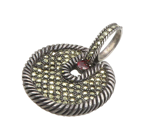 925 Sterling Silver  Vintage Garnet & Marcasite Round Twist Pendant  PT14081