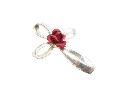 925 Sterling Silver  Petite Shiny Rose Flower Religious Cross Pendant  PT7843