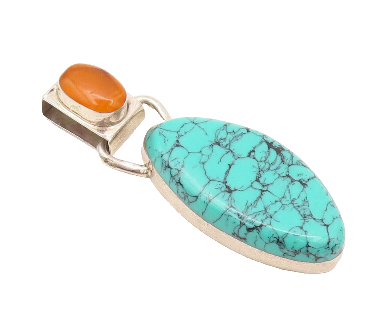 MEXICO 925 Sterling Silver  Vintage Oval Turquoise & Citrine Pendant  PT22409