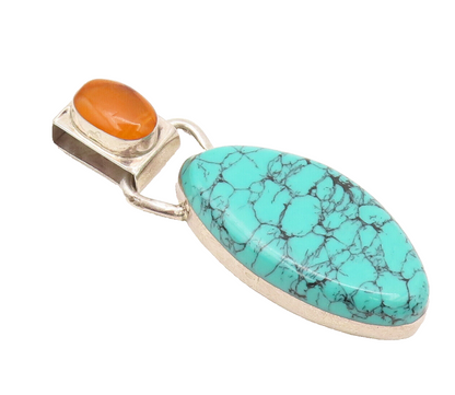MEXICO 925 Sterling Silver  Vintage Oval Turquoise & Citrine Pendant  PT22409
