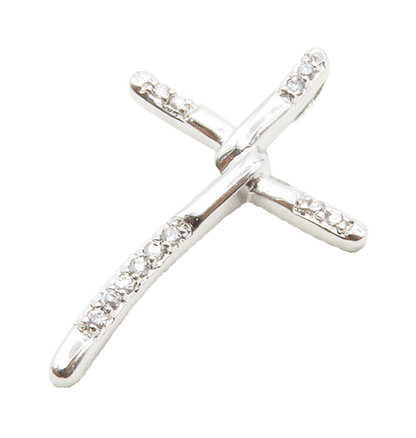 925 Sterling Silver  Shiny Petite White Topaz Religious Cross Pendant  PT10436