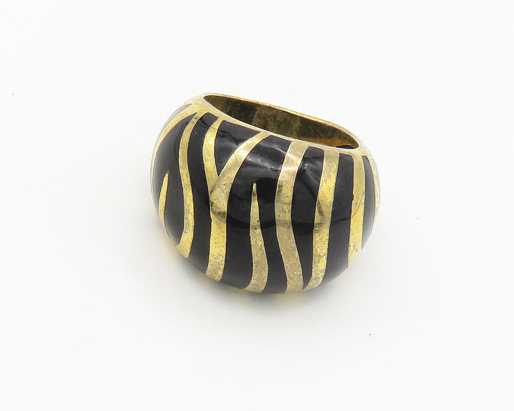 925 Sterling Silver  Black Onyx Striped Gold Plated Band Ring Sz 6.5  RG18117