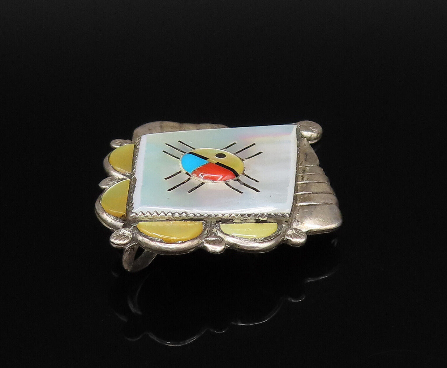 ZUNI NAVAJO 925 Silver  Vintage Mother Of Pearl & Stones Brooch Pin  BP10043