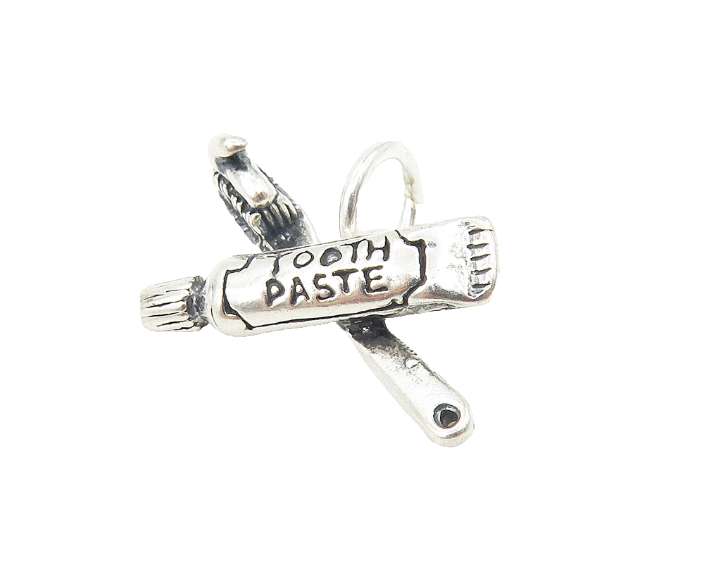 925 Sterling Silver  Vintage Petite Tooth Brush & Toothpaste Pendant  PT9062