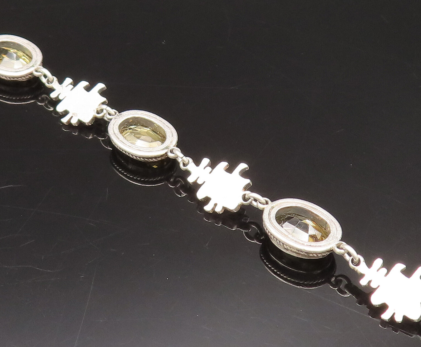 925 Silver  Vintage Oval Citrine & Chinese Character Chain Bracelet  BT9762