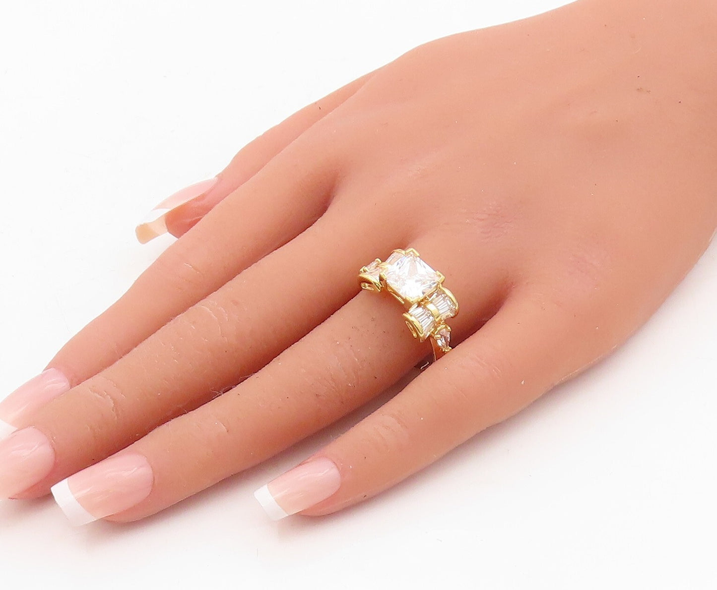 925 Sterling Silver Vintage Ring Gold Plated Designer CZ Inlay  Sz 9  RG31717