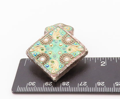 925 Sterling Silver Vintage Pendant Designer Enameled Rhinestones Inlay  PT24008