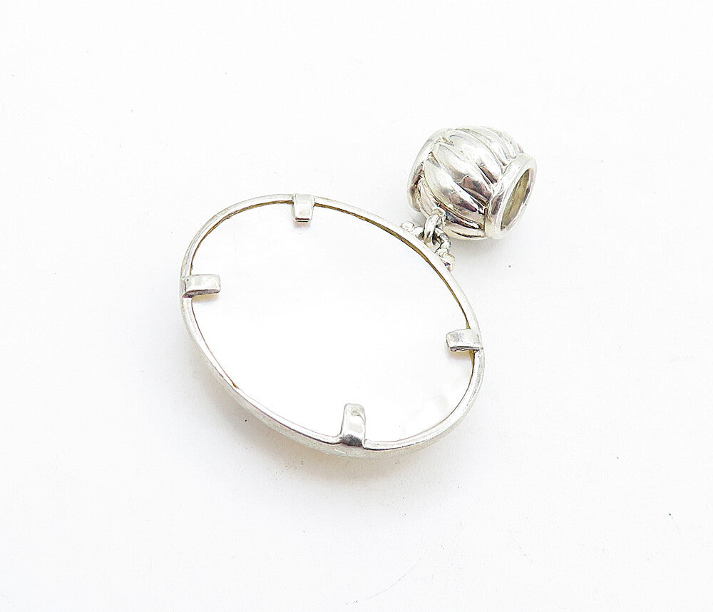 925 Sterling Silver  Vintage Mother Of Pearl Fluted Bail Oval Pendant  PT4585