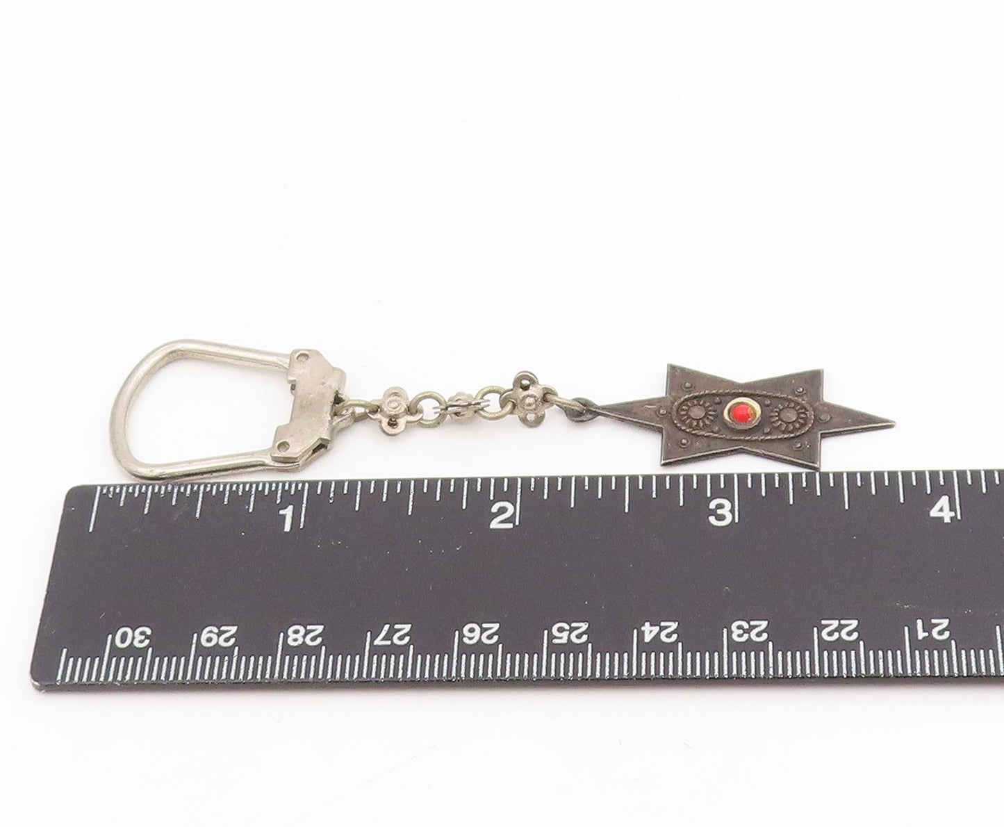 925 Sterling Silver Vintage Keychain ISRAEL Red Gemstone Celestial Star  TR4133
