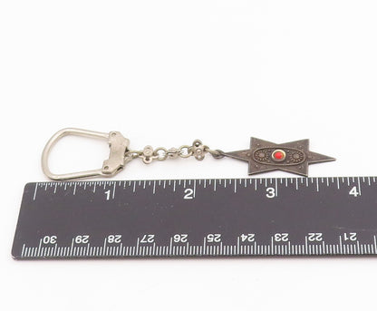 925 Sterling Silver Vintage Keychain ISRAEL Red Gemstone Celestial Star  TR4133