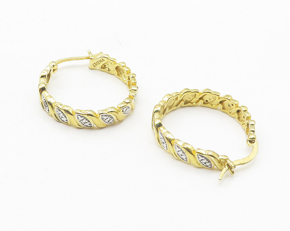 925 Sterling Silver  Genuine Diamonds Gold Plated Shiny Hoop Earrings  EG6219