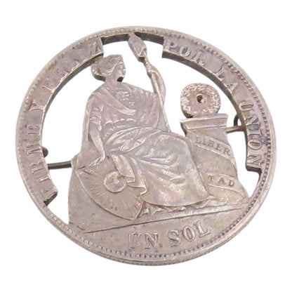 925 Sterling Silver  Vintage Dark Tone Peruvian Coin Brooch Pin  BP8526
