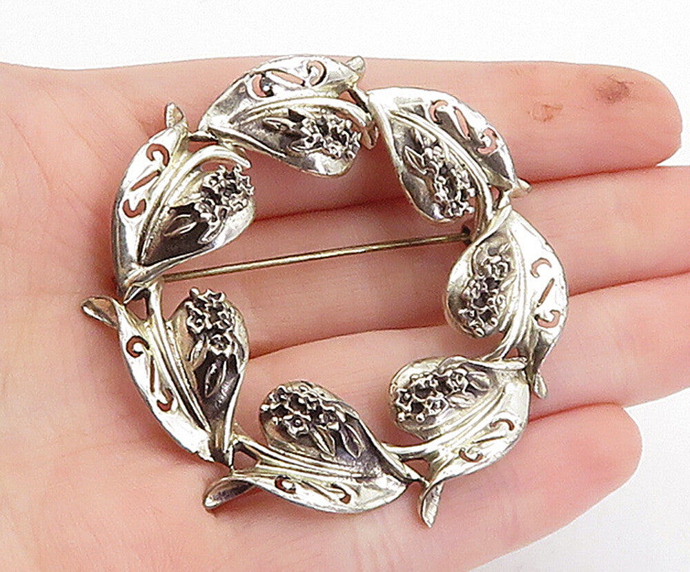 925 Sterling Silver  Vintage Swirl Pattern Floral Wreath Brooch Pin  BP1265