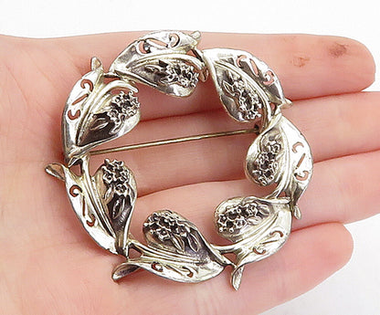 925 Sterling Silver  Vintage Swirl Pattern Floral Wreath Brooch Pin  BP1265