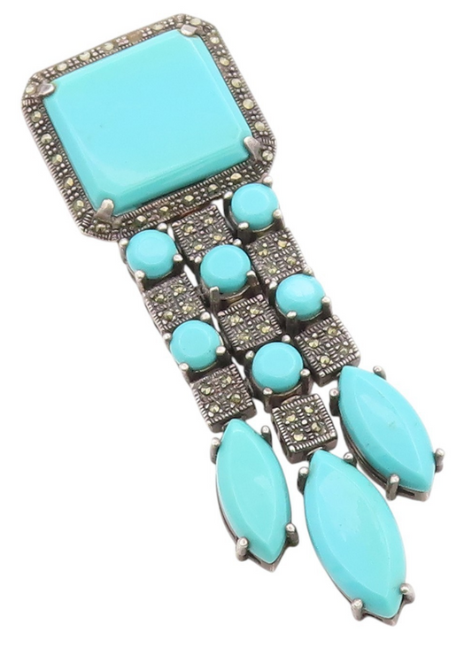 925 Sterling Silver Vintage Pendant Turquoise & Marcasite Dangle Design  PT24845