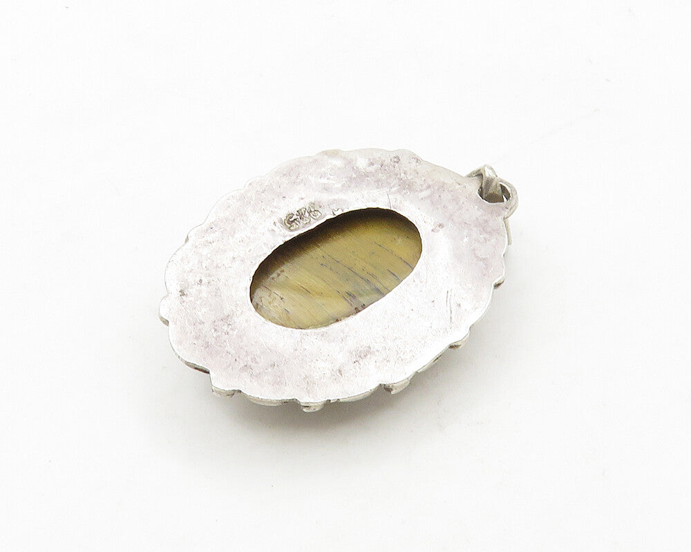 925 Sterling Silver  Vintage Cabochon Cut Tiger's Eye Oval Pendant  PT14371