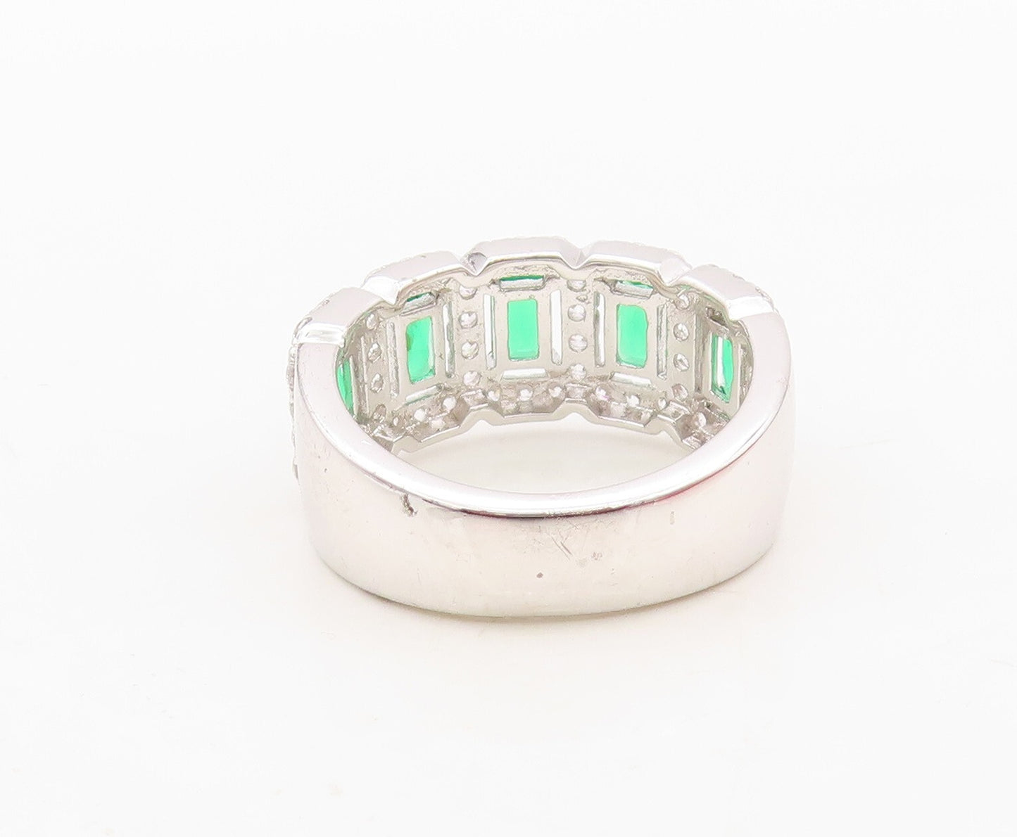 925 Sterling Silver Vintage Ring Rectangle Green Halo White CZ  Sz 7.5  RG30483