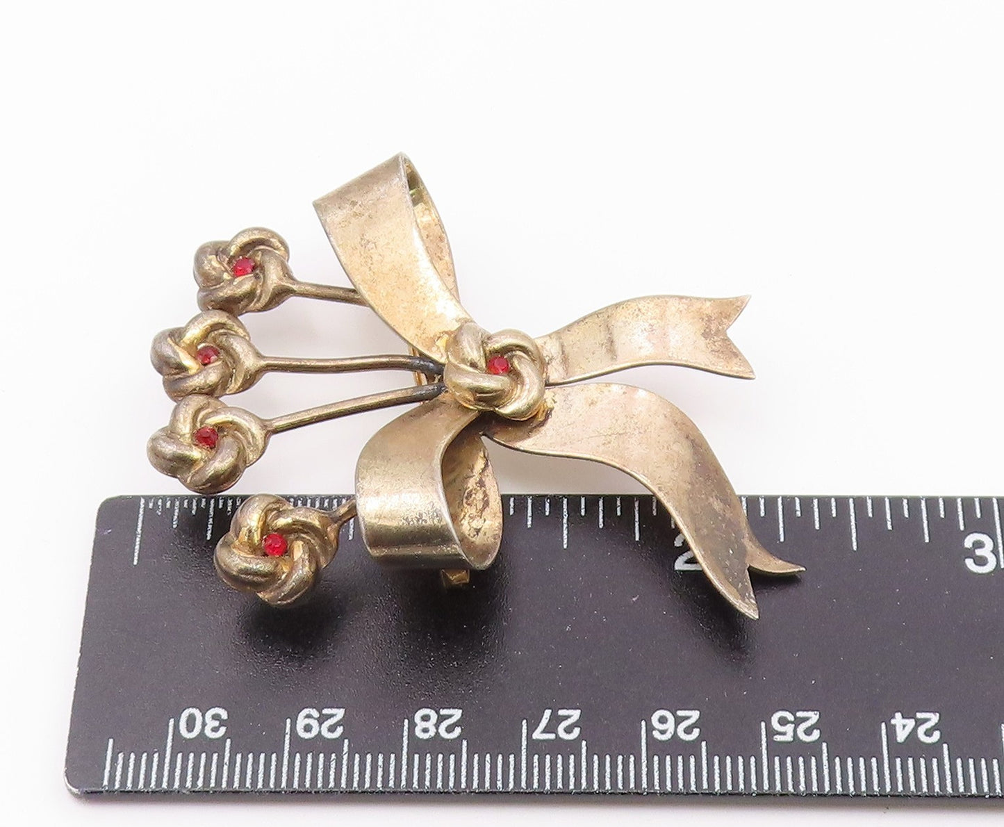 925 Sterling Silver  Vintage Red Topaz Floral Ribbon Bow Brooch Pin  BP4867