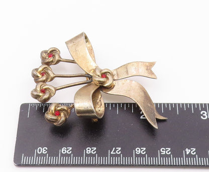 925 Sterling Silver  Vintage Red Topaz Floral Ribbon Bow Brooch Pin  BP4867