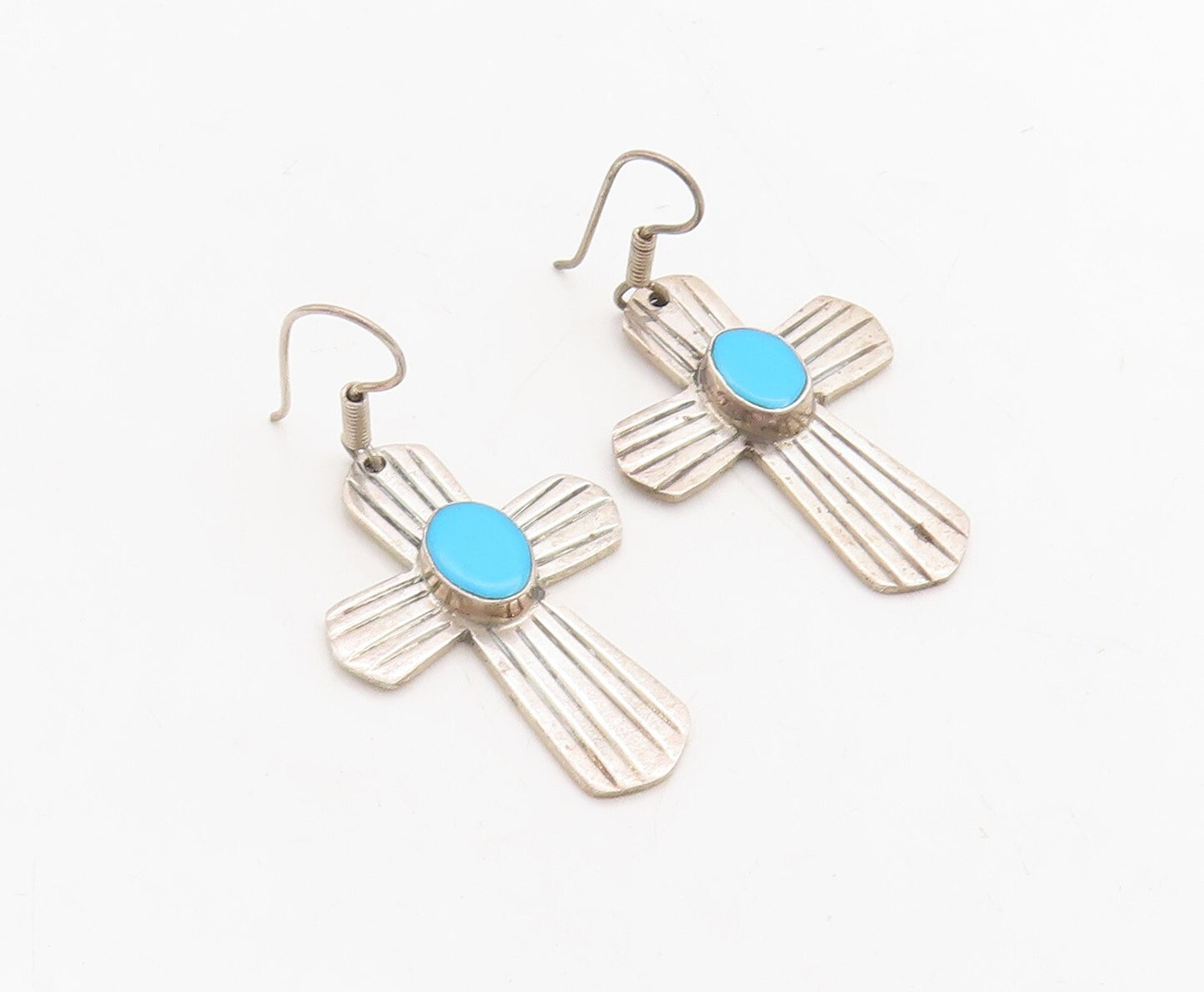 925 Sterling Silver Vintage Earrings MEXICO Larimar Grooved Cross  EG13280