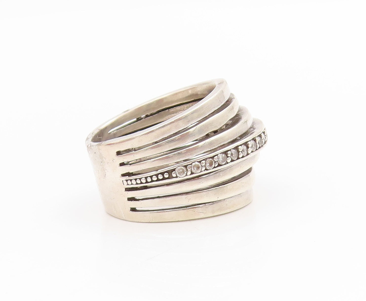 925 Sterling Silver Vintage Ring Round CZ Multi Row Wide Band  Sz 7.5  RG34431