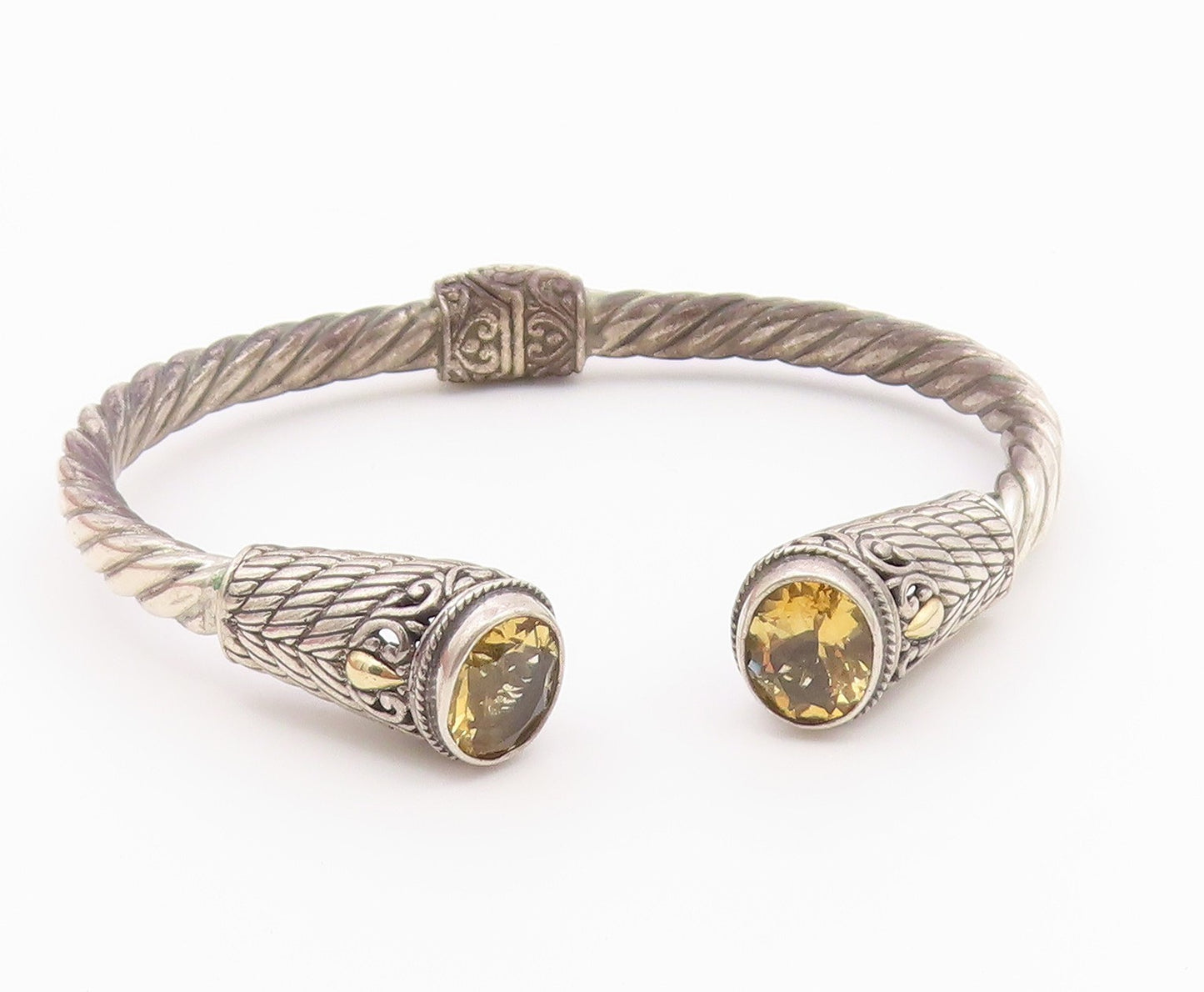 925 Sterling Silver & 18K GOLD  Vintage Citrine Twist Cuff Bracelet  BT8647