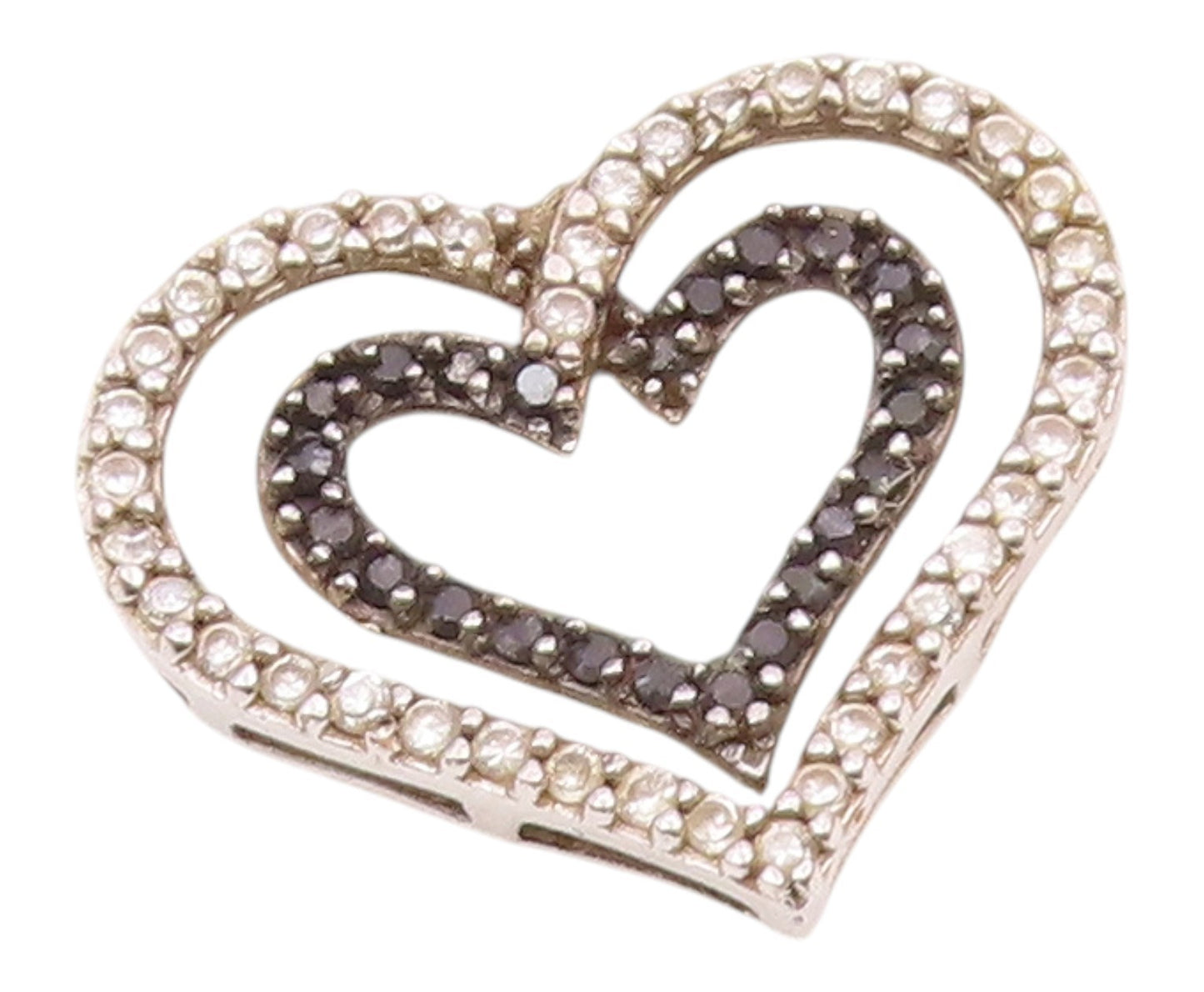 925 Sterling Silver  Vintage Topaz & Black Spinel Love Heart Pendant  PT18555